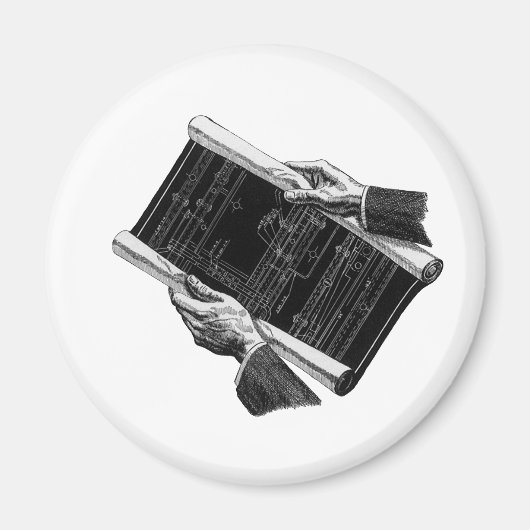 Handen met architecturale bouwtekeningen, vintage magneet (Voorkant)