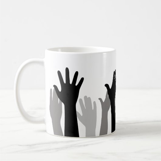 Handen omhoog silhouet, hand omhoog, protest koffiemok (Links)