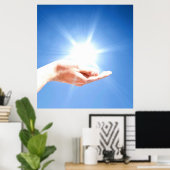 Handen op blauwe achtergrond, reiki, chakra poster (Thuiskantoor)