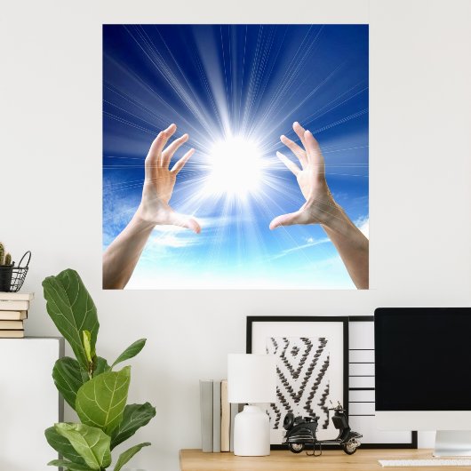 Handen op blauwe achtergrond, reiki, chakra poster (Thuiskantoor)