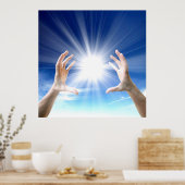 Handen op blauwe achtergrond, reiki, chakra poster (Keuken)