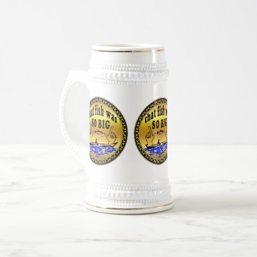 Handen uit elkaar, met een vis en een boot met wat bierpul (Voorkant links)