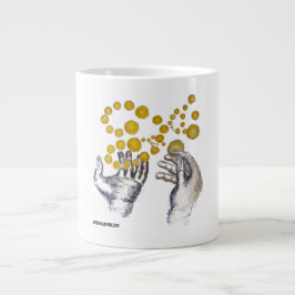 Handen uitgestrekt naar de toekomst grote koffiekop