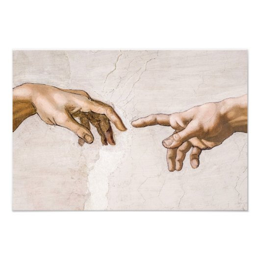 Handen van God de vader en Adam van Michelangelo Foto Afdruk (Voorkant)