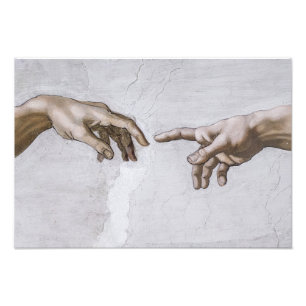 Handen van God en Adam van Michelangelo Foto Afdruk