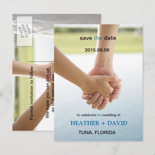 Handen vasthouden L De datum opslaan Foto Briefkaa Aankondigingskaart (Voorkant / Achterkant)