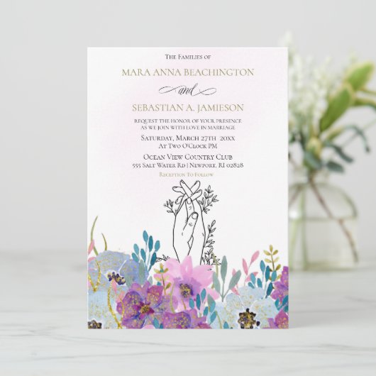 *~* Handen vasthouden Roze Bloemen Glitter Huwelij Kaart (Staand voorkant)