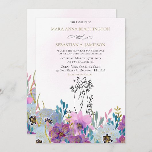 *~* Handen vasthouden Roze Bloemen Glitter Huwelij Kaart (Voorkant / Achterkant)