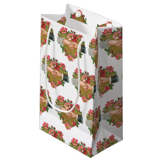 Handen w Bloemen,  Victoriaans Valentijnsdag Klein Cadeauzakje (Voorkant Gekanteld)