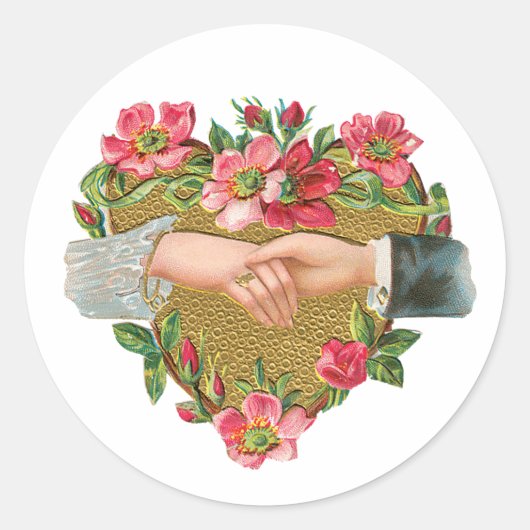 Handen w Bloemen,  Victoriaans Valentijnsdag Ronde Sticker (Voorkant)