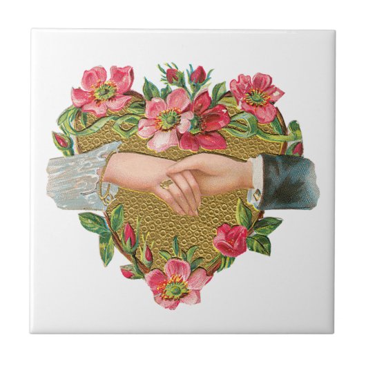 Handen w Bloemen,  Victoriaans Valentijnsdag Tegeltje (Voorkant)