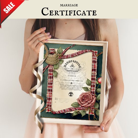 HANDFASTING CERTIFICAAT TARTAN ROZEN ROOD GROEN POSTER