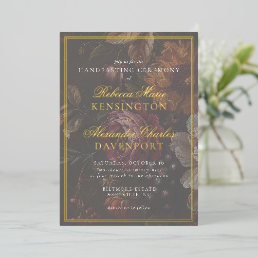 Handfasting Dark Moody Bloemen Kalligrafie Trouwen Folie Uitnodiging (Staand Voorkant)