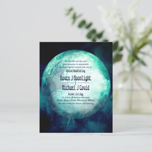 Handfasting Uitnodiging Pagan Wicca Teal Maan Goti (Staand voorkant)
