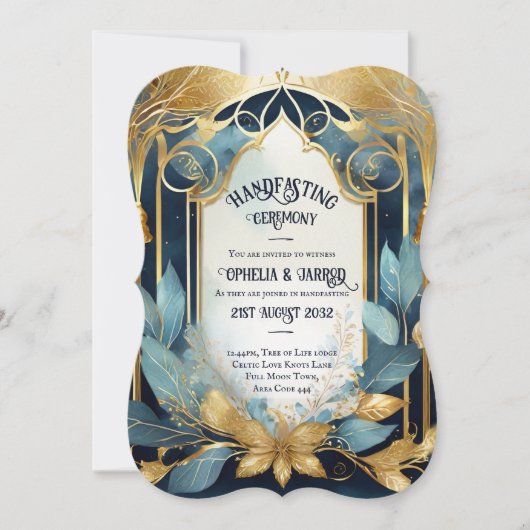 HANDFASTING UITNODIGINGEN BLAUWGROEN GOUD ETHERAL (Voorkant)