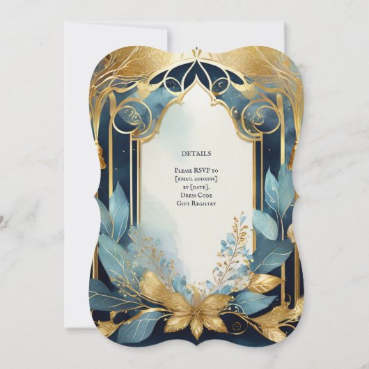 HANDFASTING UITNODIGINGEN BLAUWGROEN GOUD ETHERAL (Achterkant)