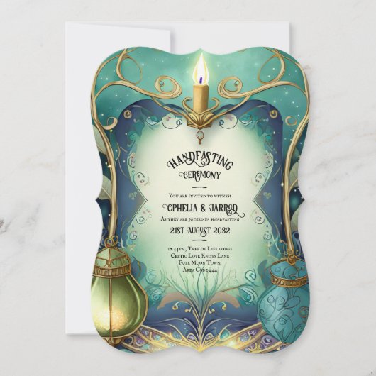 HANDFASTING-UITNODIGINGEN GROEN GOUD ETHEREAAL KAART (Voorkant)