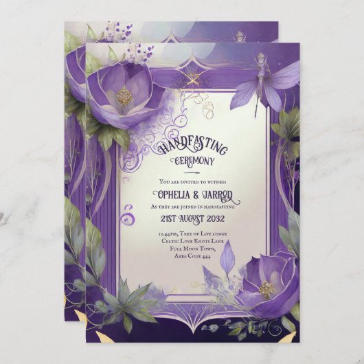 HANDFASTING UITNODIGINGEN PURPER GOUD ETHEERLIJK (Voorkant / Achterkant)