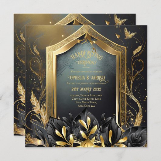 HANDFASTING UITNODIGINGEN ZWART GOUD ETHEREAL (Voorkant / Achterkant)