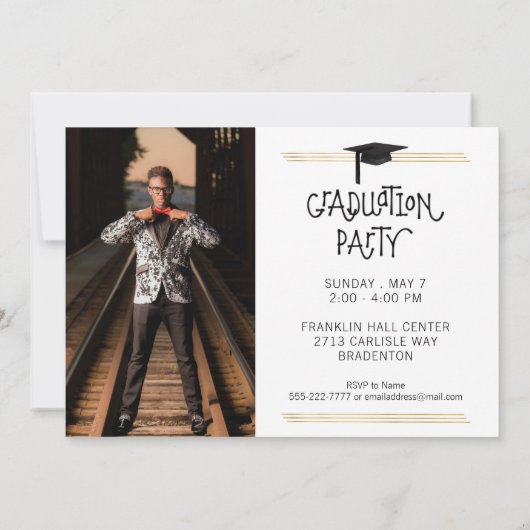 Handgedrukt Afstuderen | Zwarte en goudlijnen Kaart (Achterkant)