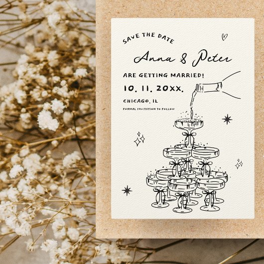 Handgeïllustreerde Champagne Tower Retro Funky Save The Date