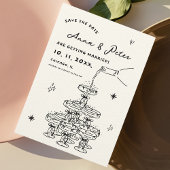 Handgeïllustreerde Champagne Tower Retro Funky Save The Date