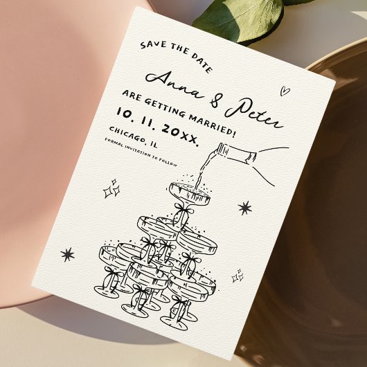 Handgeïllustreerde Champagne Tower Retro Funky Save The Date