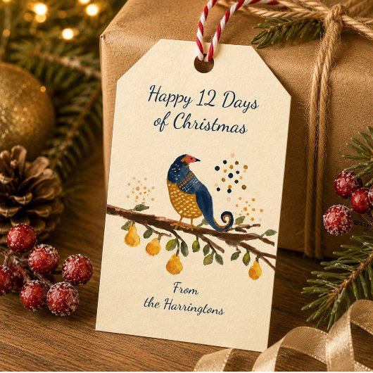 Handgeïllustreerde Kerstmis Patrijs in Perenboom Cadeaulabel