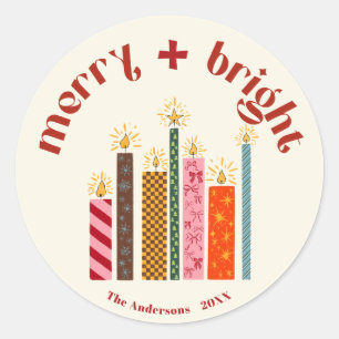 Handgeïllustreerde Merry + Bright Kerststickers C Ronde Sticker