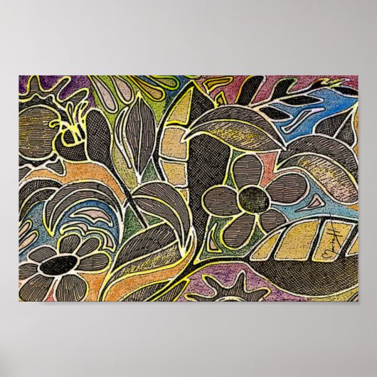 Handgekaarde bladeren en bloemen - in Oranje blauw Poster (Voorkant)