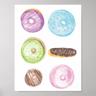 Handgekleurde, gemengde donuts, voorgekookt poster