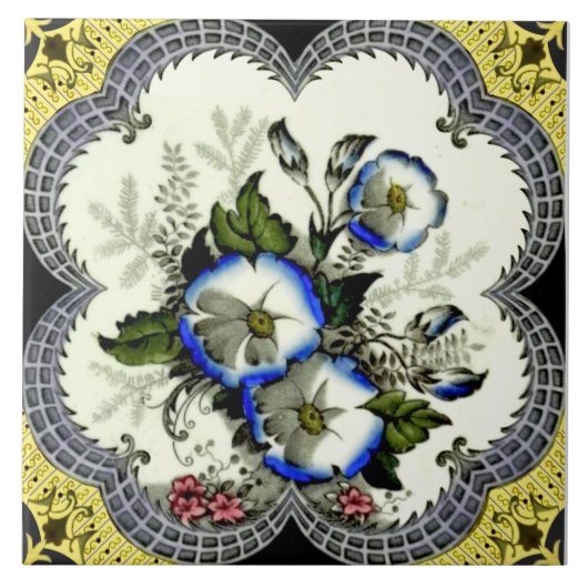 Handgekleurde Victoriaans geplateerde Floral Trans Tegeltje (Voorkant)