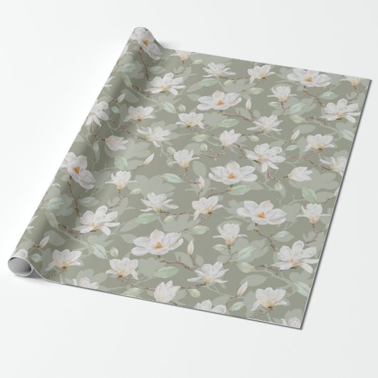 Handgekleurde witte Magnolia op Mossy Green Cadeaupapier (Uitgerold)