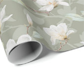 Handgekleurde witte Magnolia op Mossy Green Cadeaupapier (Rol Hoek)