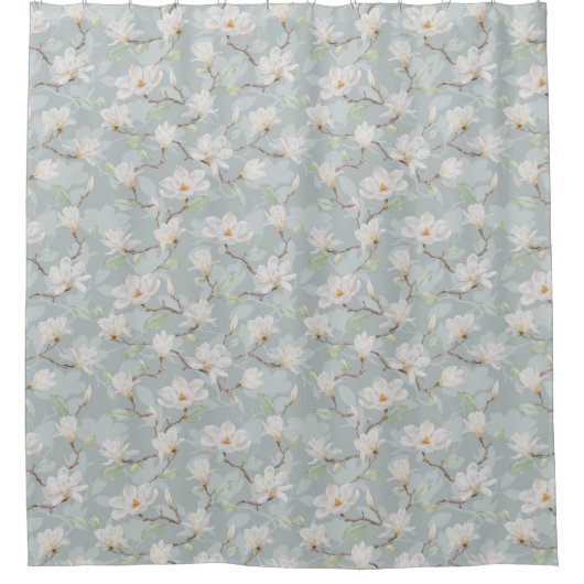 Handgekleurde witte Magnolia op pastblauw Douchegordijn (Voorkant)