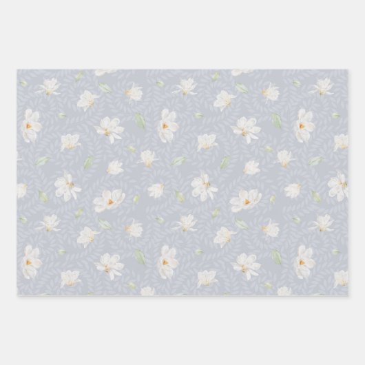 Handgekleurde witte Magnolia op pastblauw Inpakpapier Vel (Voorkant 3)