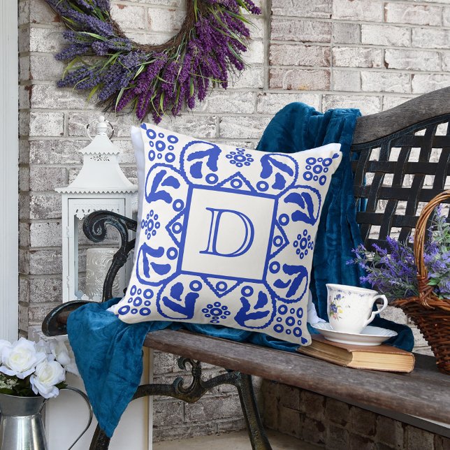 Handgemaakt blauw wit aangepast monogram kussen (Creator heeft geüpload)
