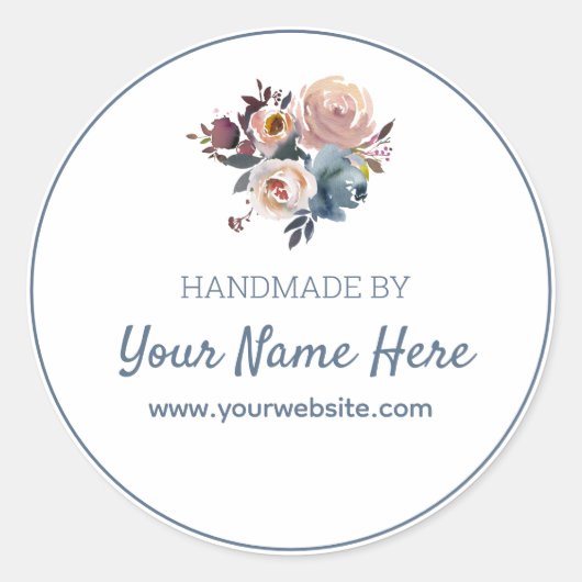 Handgemaakt door blauwe roze Floral Ronde Sticker (Voorkant)