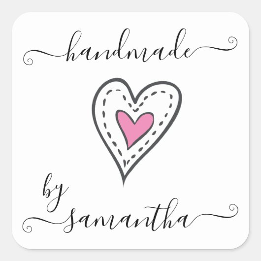 Handgemaakt door Custom Name Pink Doodle Heart Vierkante Sticker (Voorkant)