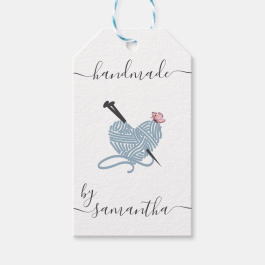 Handgemaakt door Custom Name Yarn Heart Cadeaulabel (Voorkant)