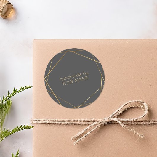 Handgemaakt door grijs geometrisch goudeffect ronde sticker