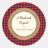 Handgemaakt door jou rode buffelplaid en jute ronde sticker (Voorkant)