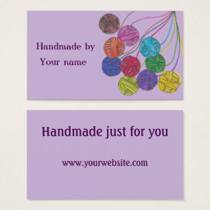 Handgemaakt door (jouw naam), bollen van garen, op visitekaartje