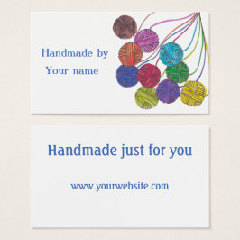 Handgemaakt door (jouw naam), bollen van garen, op visitekaartje