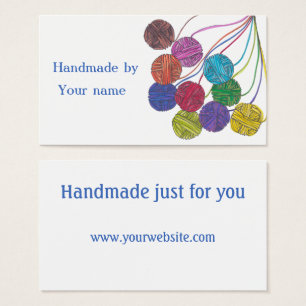 Handgemaakt door (jouw naam), bollen van garen, op visitekaartje
