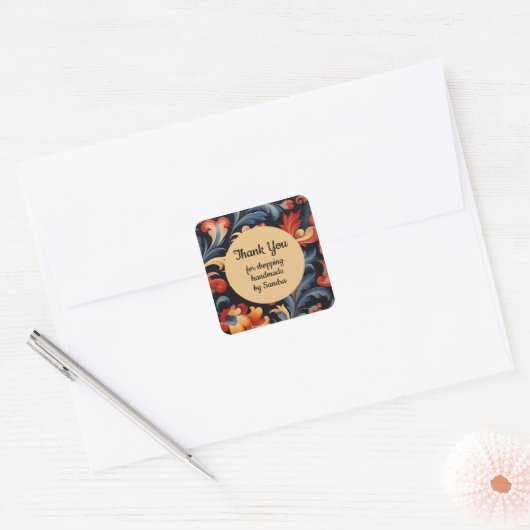Handgemaakt door yourname Rosepaint Rosemaling 1 v Vierkante Sticker (Envelop)