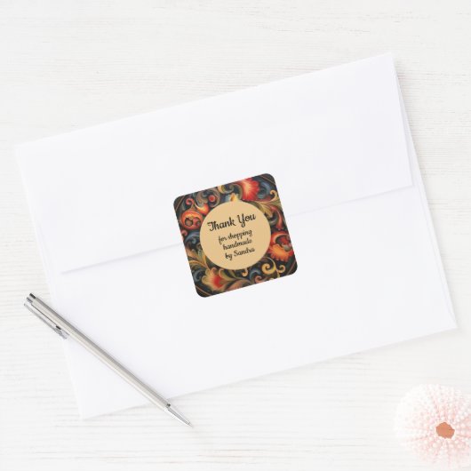 Handgemaakt door yourname Rosepaint Rosemaling 2 v Vierkante Sticker (Envelop)