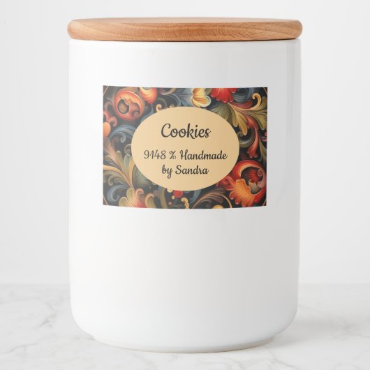 Handgemaakt door yourname Rosepaint Rosemaling 2 v Voedselcontainer Etiket (Voorkant)