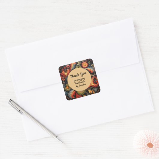 Handgemaakt door yourname Rosepaint Rosemaling 4 v Vierkante Sticker (Envelop)