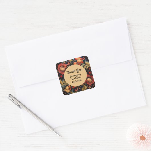 Handgemaakt door yourname Rosepaint Rosemaling 6 v Vierkante Sticker (Envelop)